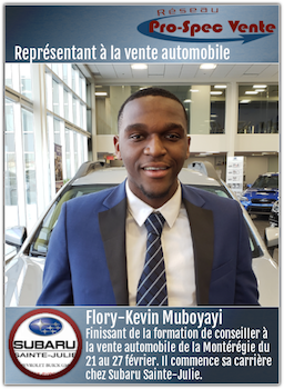 Flory-Kevin Muboyayi - Représentant à la vente automobile chez Subaru Sainte-Julie