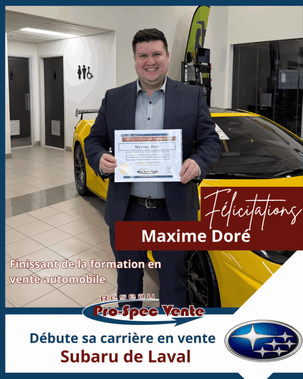Finissant de la formation pour devenir conseiller en vente automobile de Pro-Spec Vente