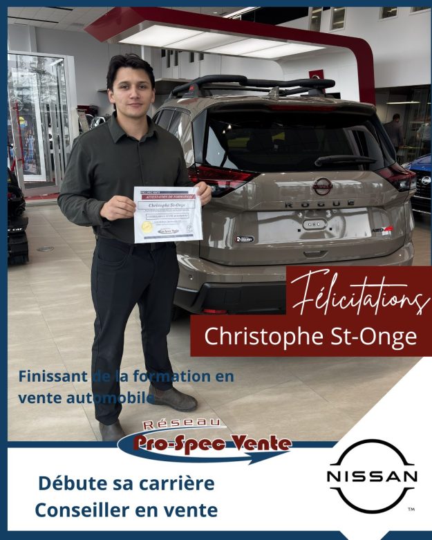 Avis de nomination CSt-Onge Nissan Sherbrooke Finissants de la formation pour devenir conseiller en vente automobile