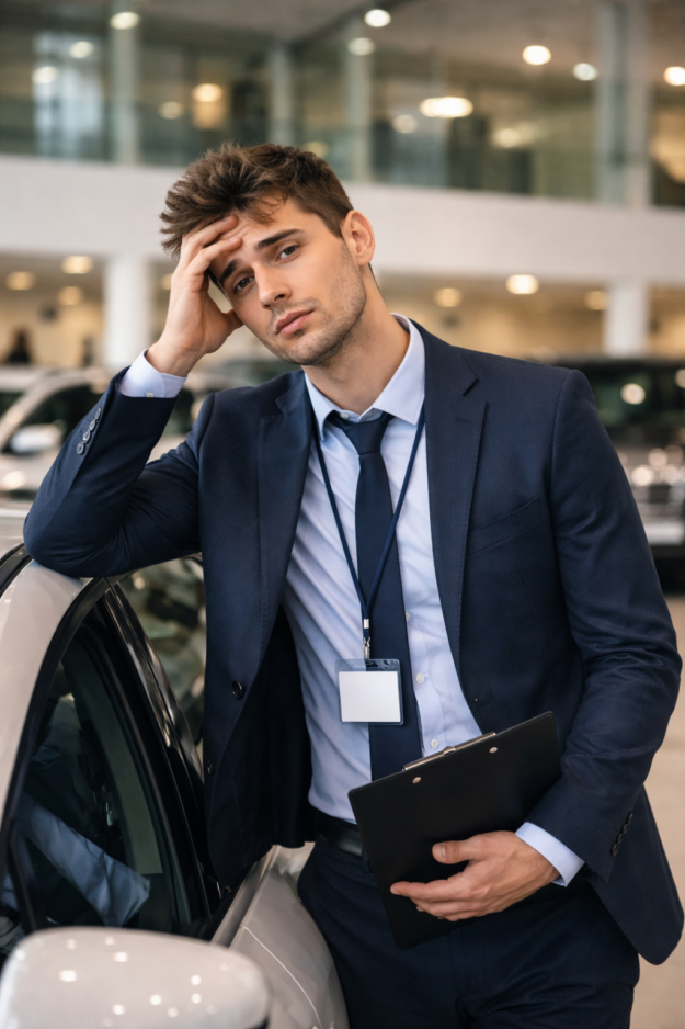 Vendeur fatigué dans une salle d’exposition